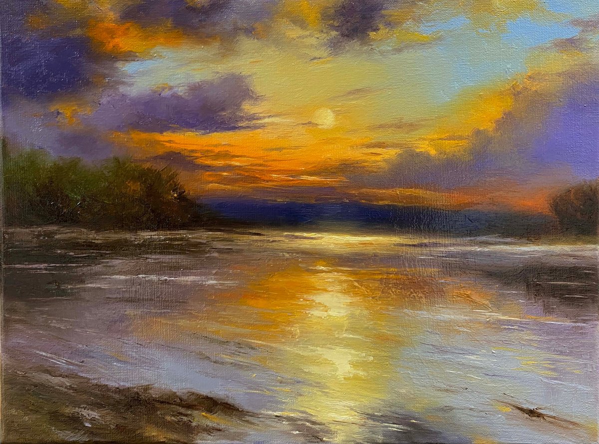 Impressionistic Landscape Oil Painting By Farzaneh Maddahi, 16 X 12, Purpule Sunset, Original Artwork