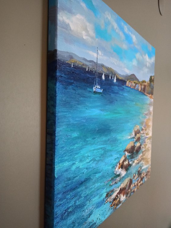 Coastal beach oil painting blue ocean landscape wall decor 20x20"