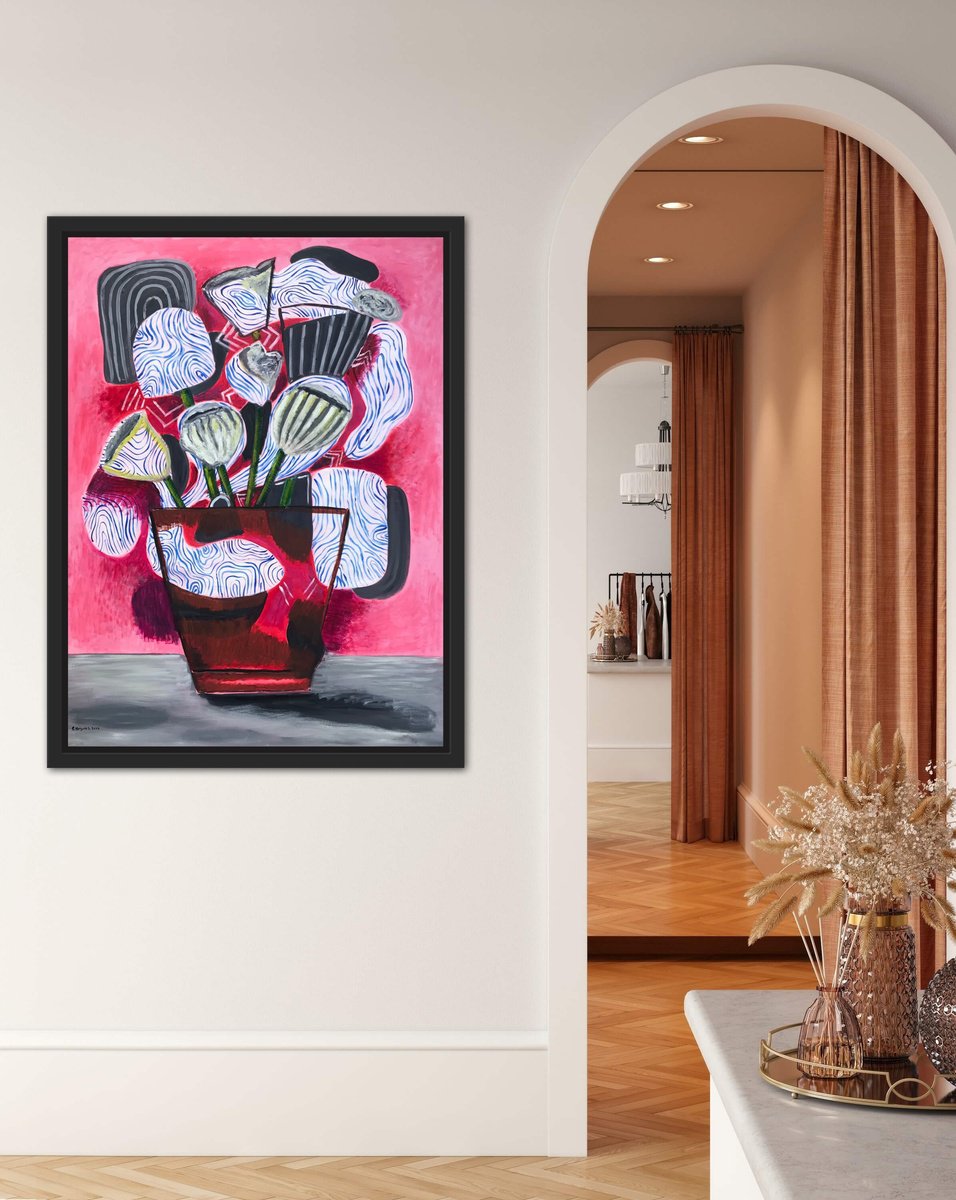 Geometric Botanical Oil Painting By Roberto Munguia Garcia, 30 X 40", Exotic Flowers, Original Artwork