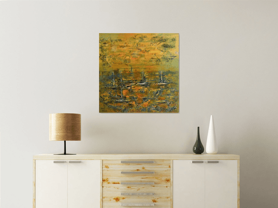 Gold above the port. Impressionistic palette knife seascape.