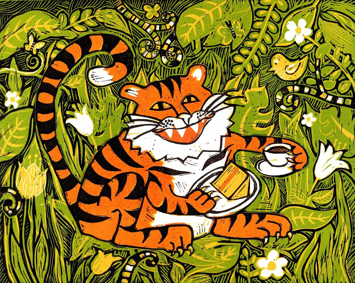 Tiger tea time - signed original hand pulled linocut print by Cecca Whetnall