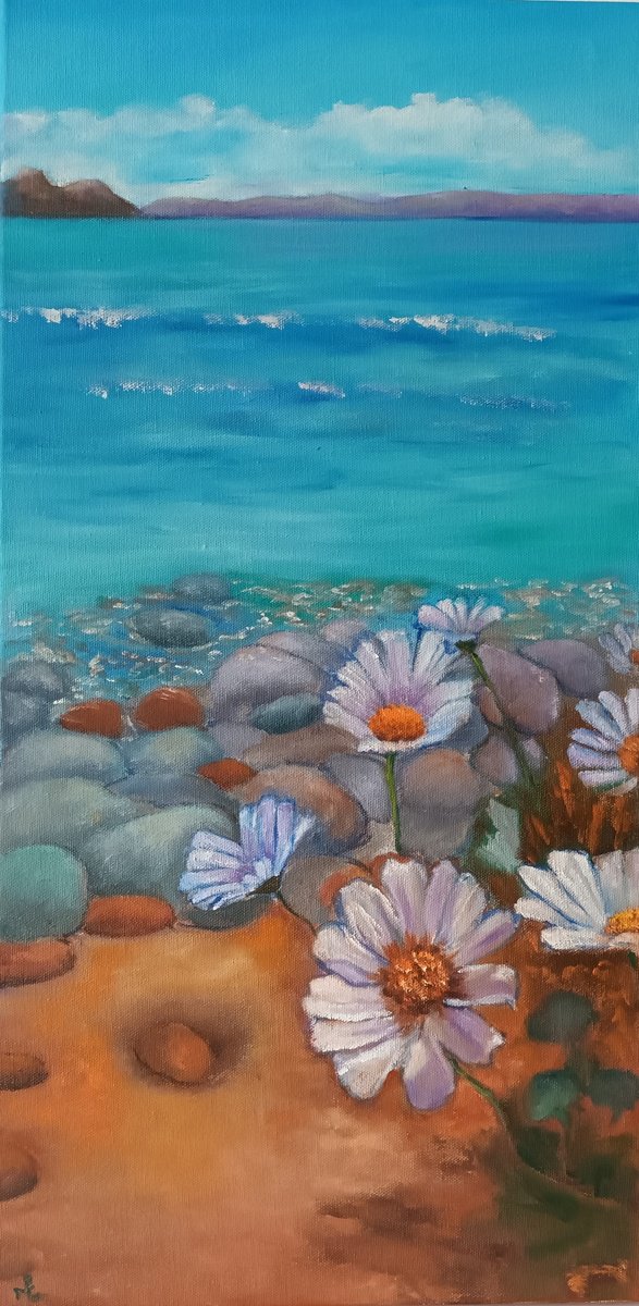 Impressionistic Landscape Oil Painting By Maureen Greenwood, 12 X 24", Sea, Rocks And Daisies, Original Artwork