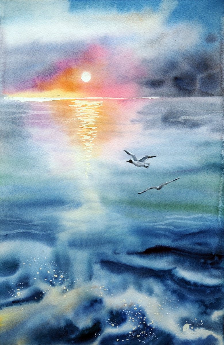 Impressionistic Landscape Watercolour By Delnara El, 10 X 16, Morning Sea, Original Artwork