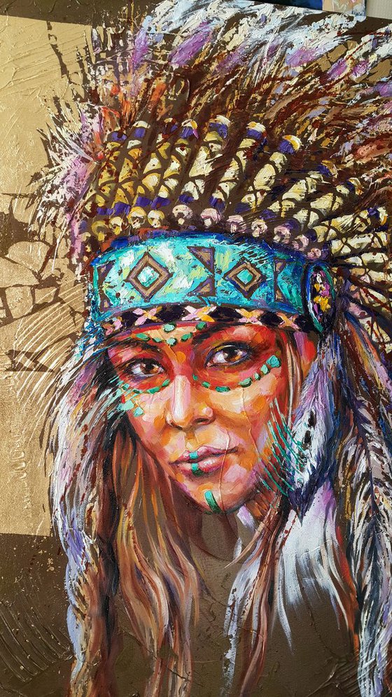 Portrait native american woman - portrait abstract girl, headdress feathers birds