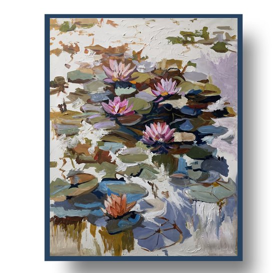 Summer Pond. Pink Water Lilies.