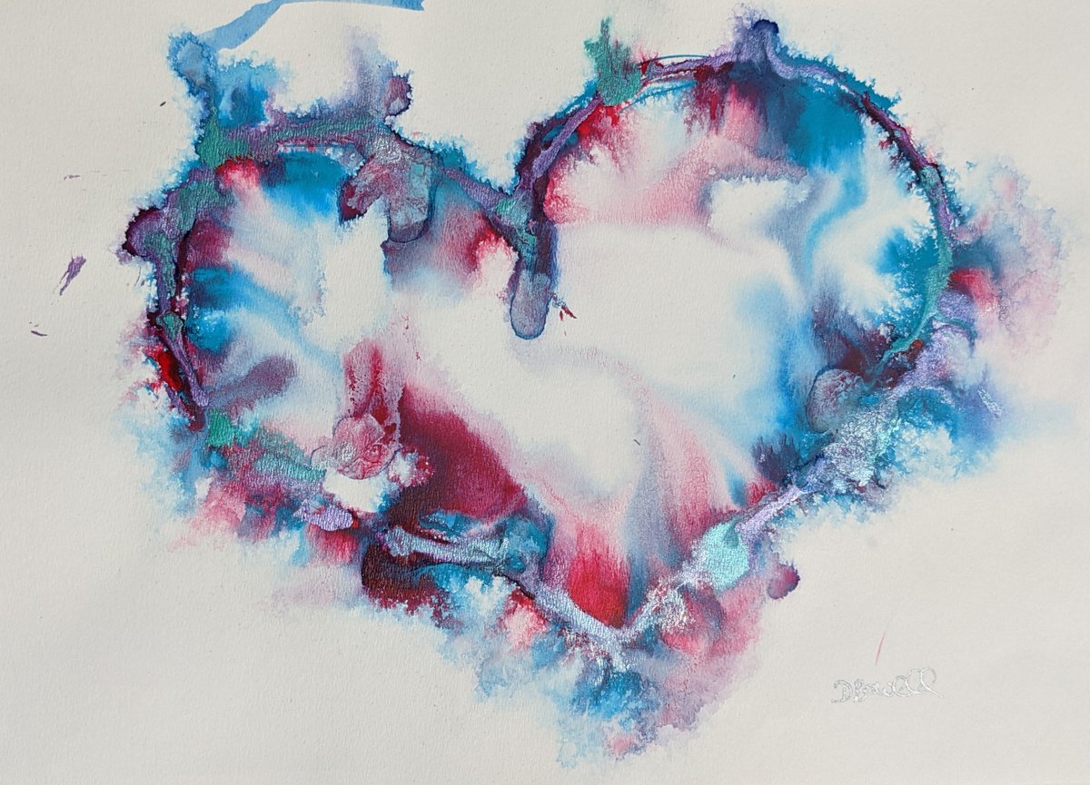 Benvolio, heart painting, gorgeous teal and magenta inks on watercolour paper, by Dianne Bowell