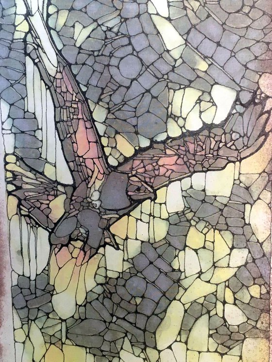 'Buzzard' - ink on silk and glass