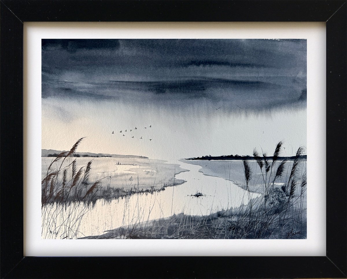 Impressionistic Landscape Watercolour By Teresa Tanner, 17 X 12", Rainclouds Marshes Geese, Original Artwork
