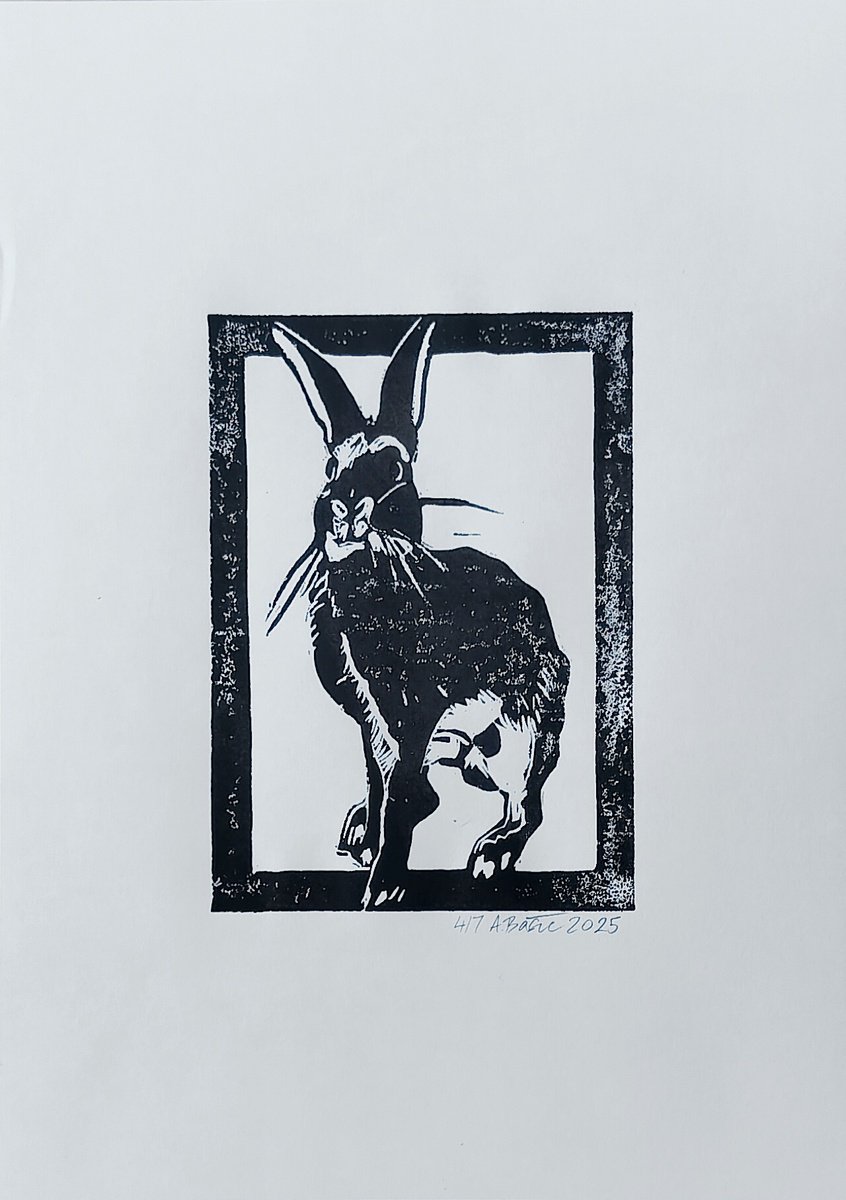 Expressive Animal Linocut By Aleksandar Basic, 12 X 17, Rabbit 4/7, Original Artwork