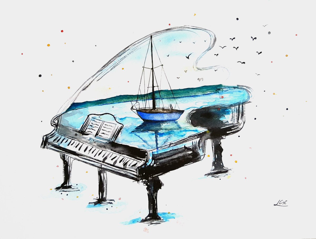 Surrealistic Watercolour , Piano With Sailboat By Luba Ostroushko, 12 X 16, Artwork For Sale On Artfinder