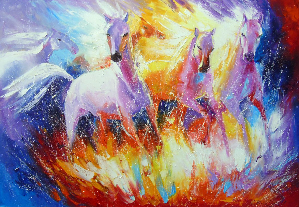 Impressionistic Animal Oil Painting By Olha Darchuk, 39 X 28", Fire Horse, Original Artwork