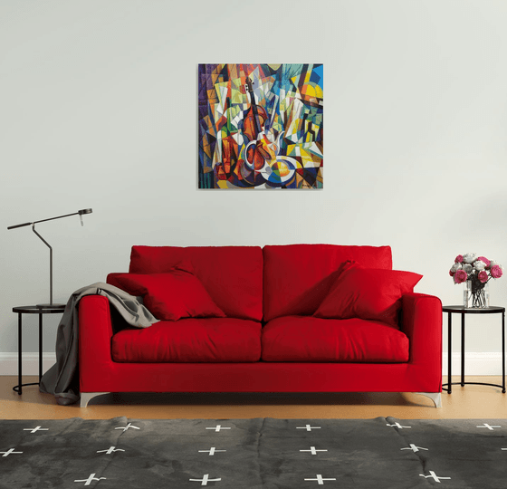 still life with violin (80x80cm, cubism, oil painting, ready to hang)