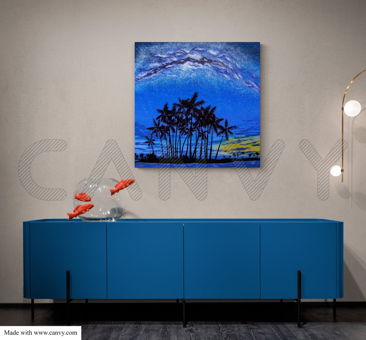 PALM ISLAND - square landscape, palm trees, cobalt blue, sea, bay, milky way stars by Rimma Savina
