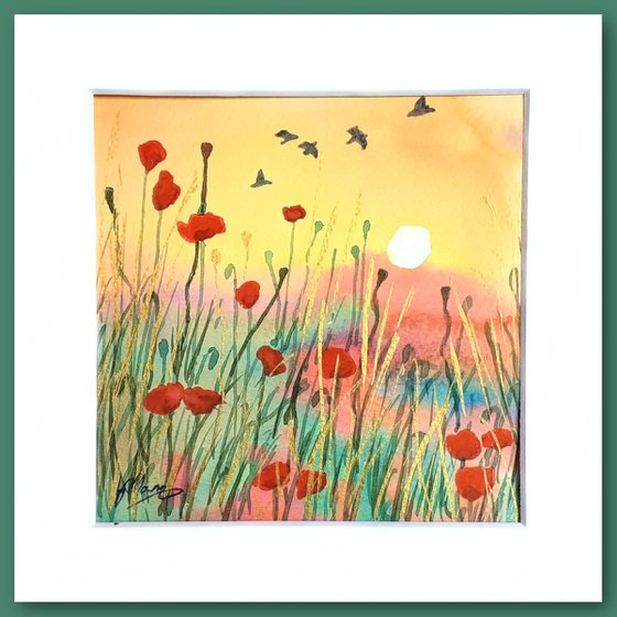 Poppies in the Sun - mounted watercolour, small gift idea