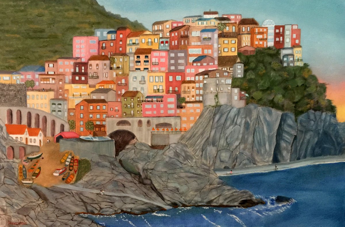 Impressionistic Landscape Oil Painting By Leslie Dannenberg, 36 X 24", Cinque Terre Italy, Original Artwork