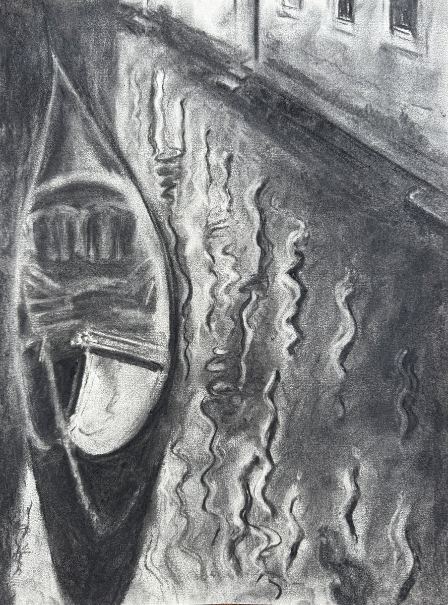 Impressionistic Cityscapes Charcoal Drawing By Shelly Du, 12 X 16", Venice Gondola, Original Artwork