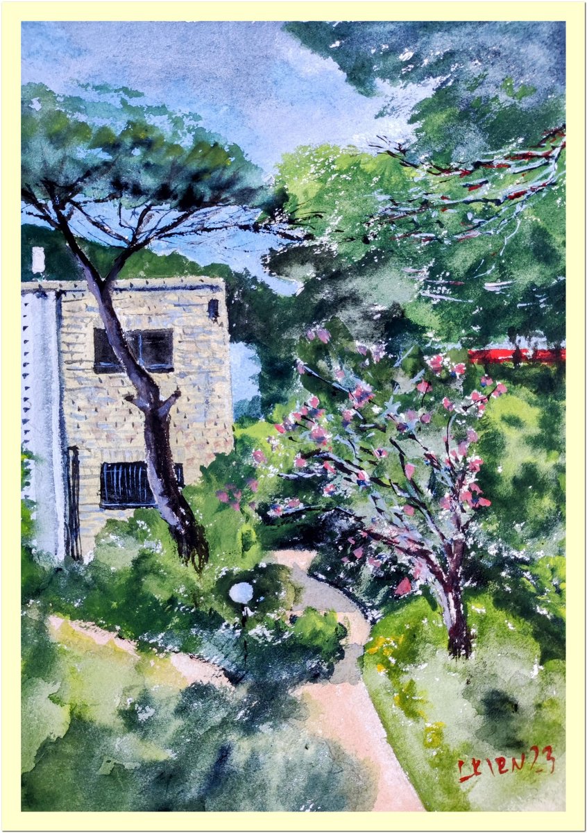 Impressionistic Cityscapes Watercolour By Leonid Kirnus, 10 X 14", Shady Yard, Original Artwork