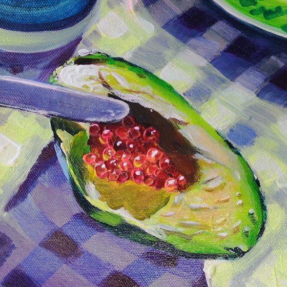 'AVOCADO WITH CAVIAR' - Small Painting under Mat in Acrylics