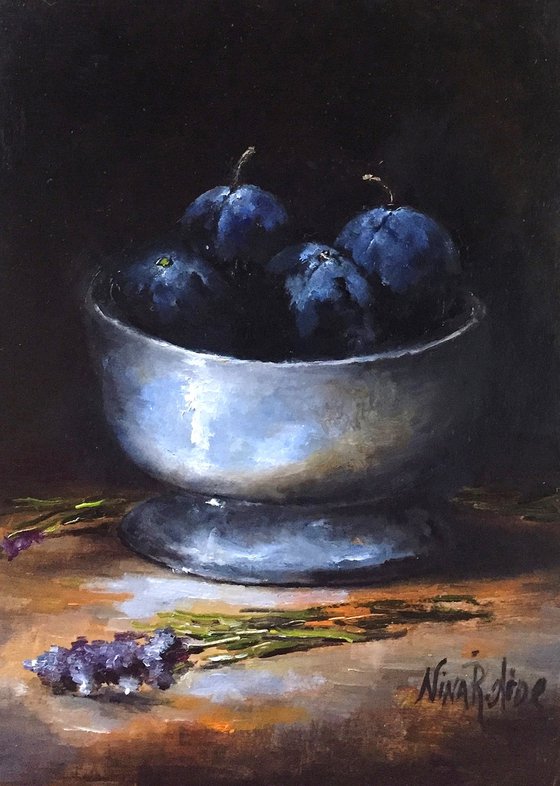 Blue Plums and Lavender Still Life Original Oil Painting