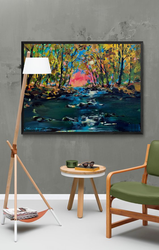 Big XL landscape - "Canadian forest" - Landscape - Lake - Trees - Sunset in forest - Expressionism