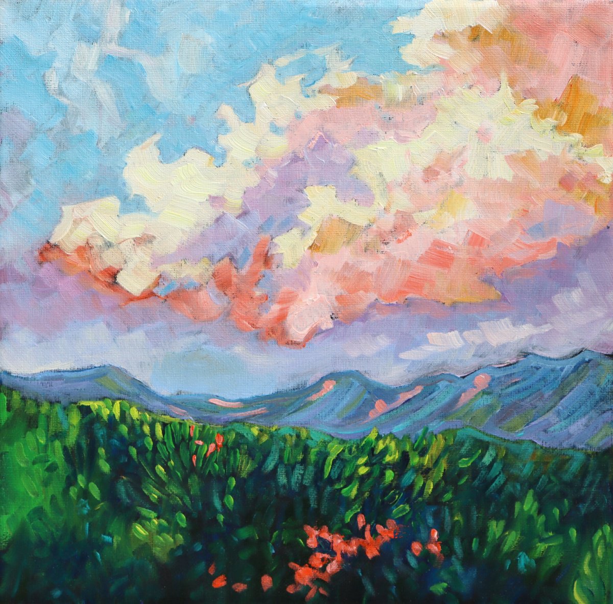 Impressionistic Landscape Oil Painting By Mary Kemp, 12 X 12", Cloud Over Mountains, Original Artwork