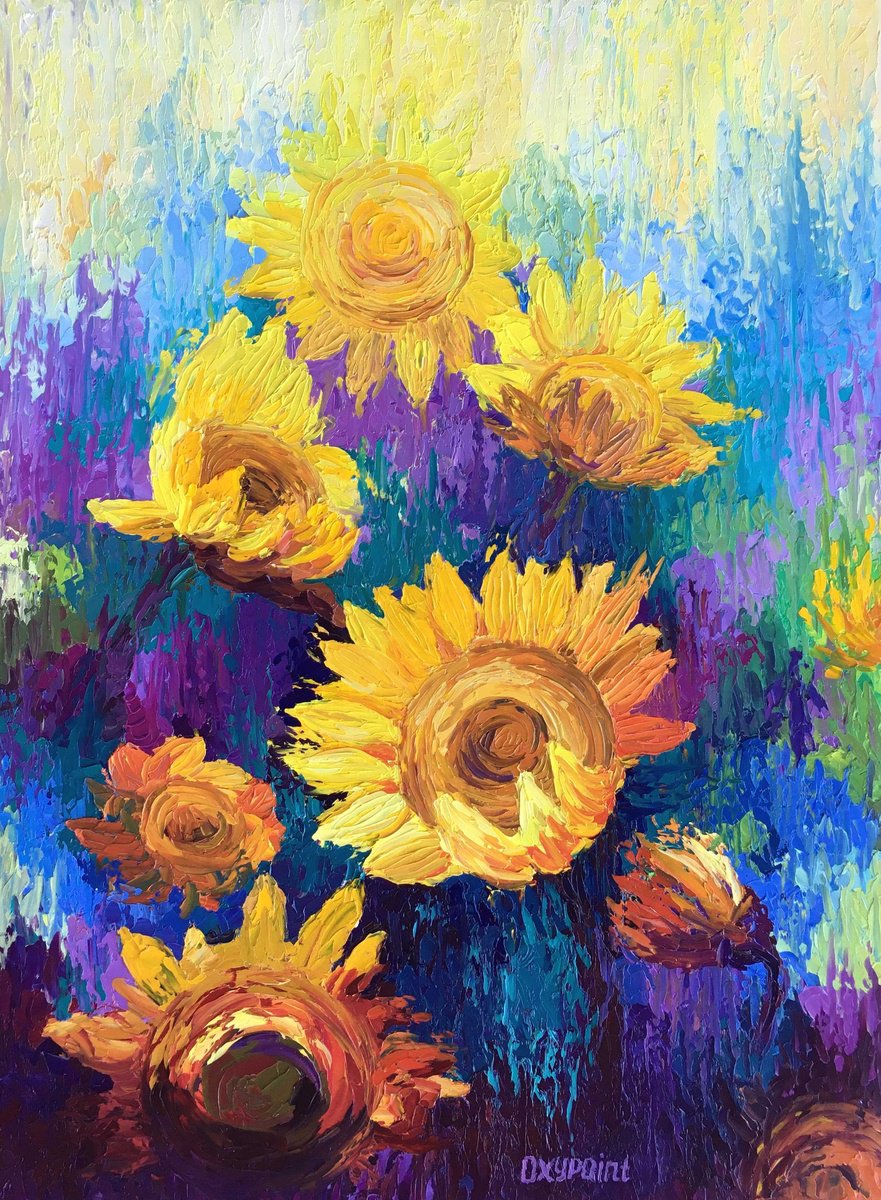Impressionistic Botanical Oil Painting By Oxypoint, 24 X 31", "Sunflowers", Original Artwork