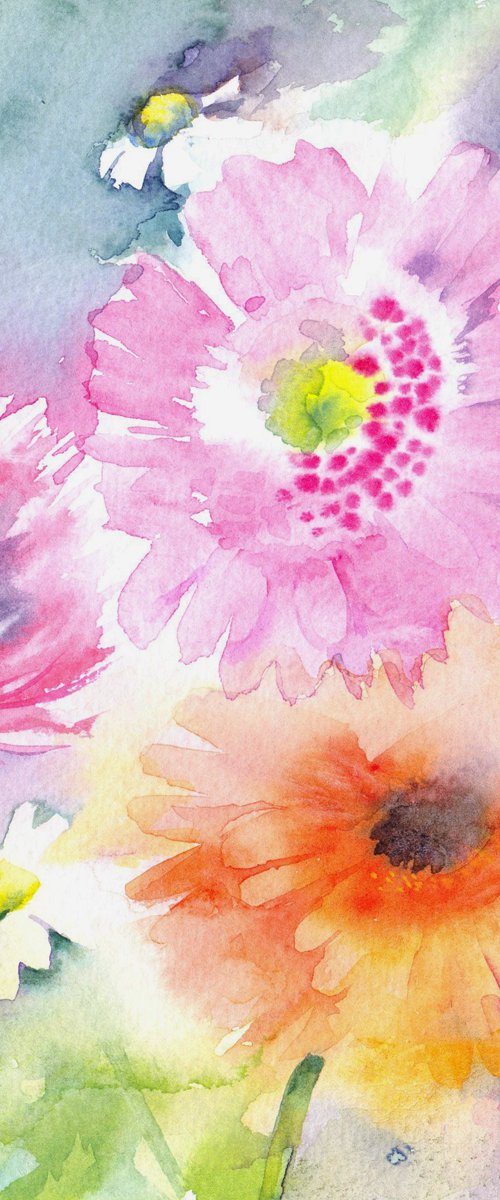 Pink and orange gerberas, original watercolour painting by Anjana Cawdell