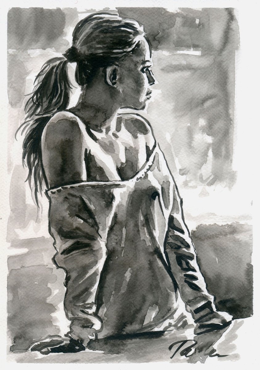 Urban And Pop Portrait Ink Drawing By Tashe, 8 X 12", Morning Light, Original Artwork