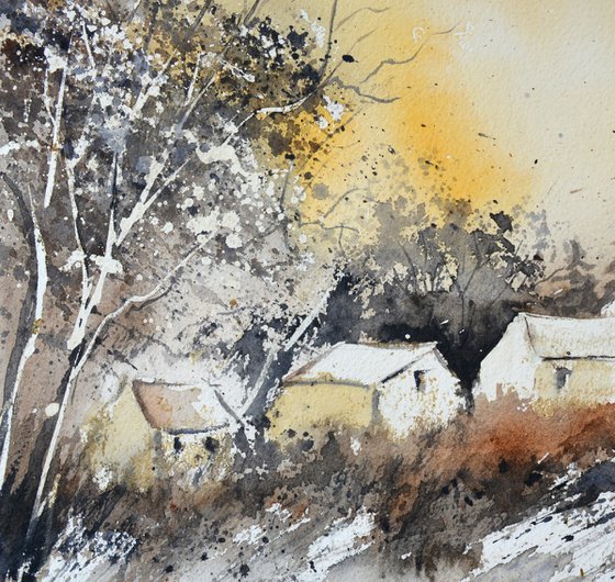 Village in winter-watercolor
