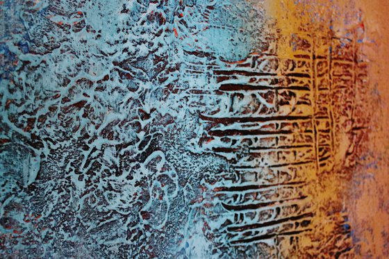 Abstract,blue, orange, white brown,christmas sale 1300 USD now 945 USD.