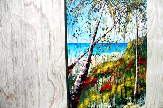 Palm tree beach painting Medium-sized impressionistic landscape, sea and sky acrylic paintings Exhibiting artist by Olya Shevel
