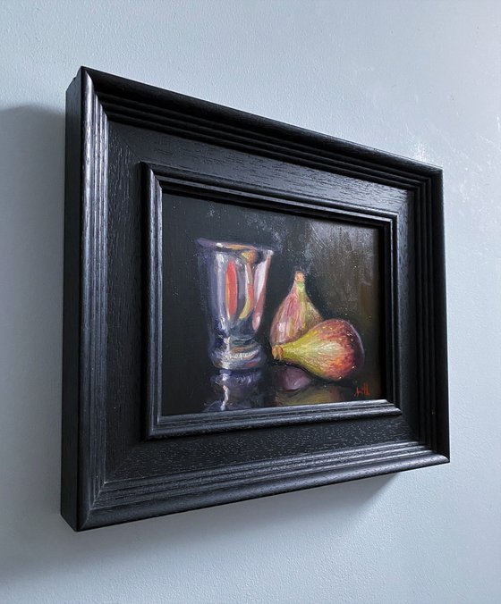 Figs & Silver Pot Still Life original oil realism painting, with wooden frame.
