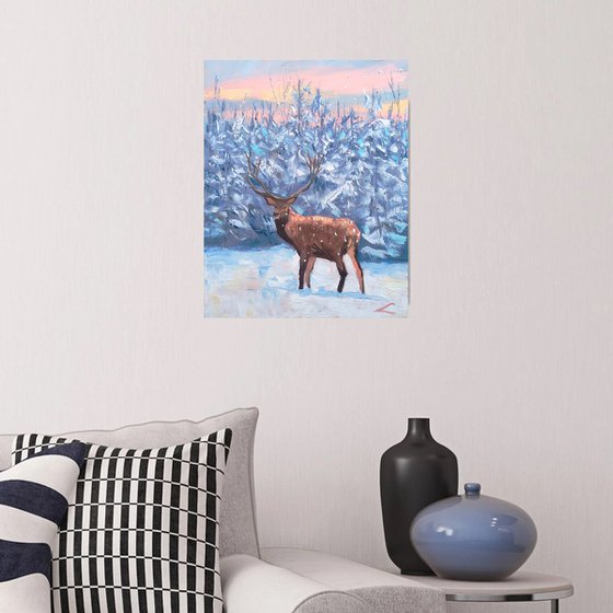 Deer In The Snow - Aesthetic Winter Unframed Poster, Dawn And