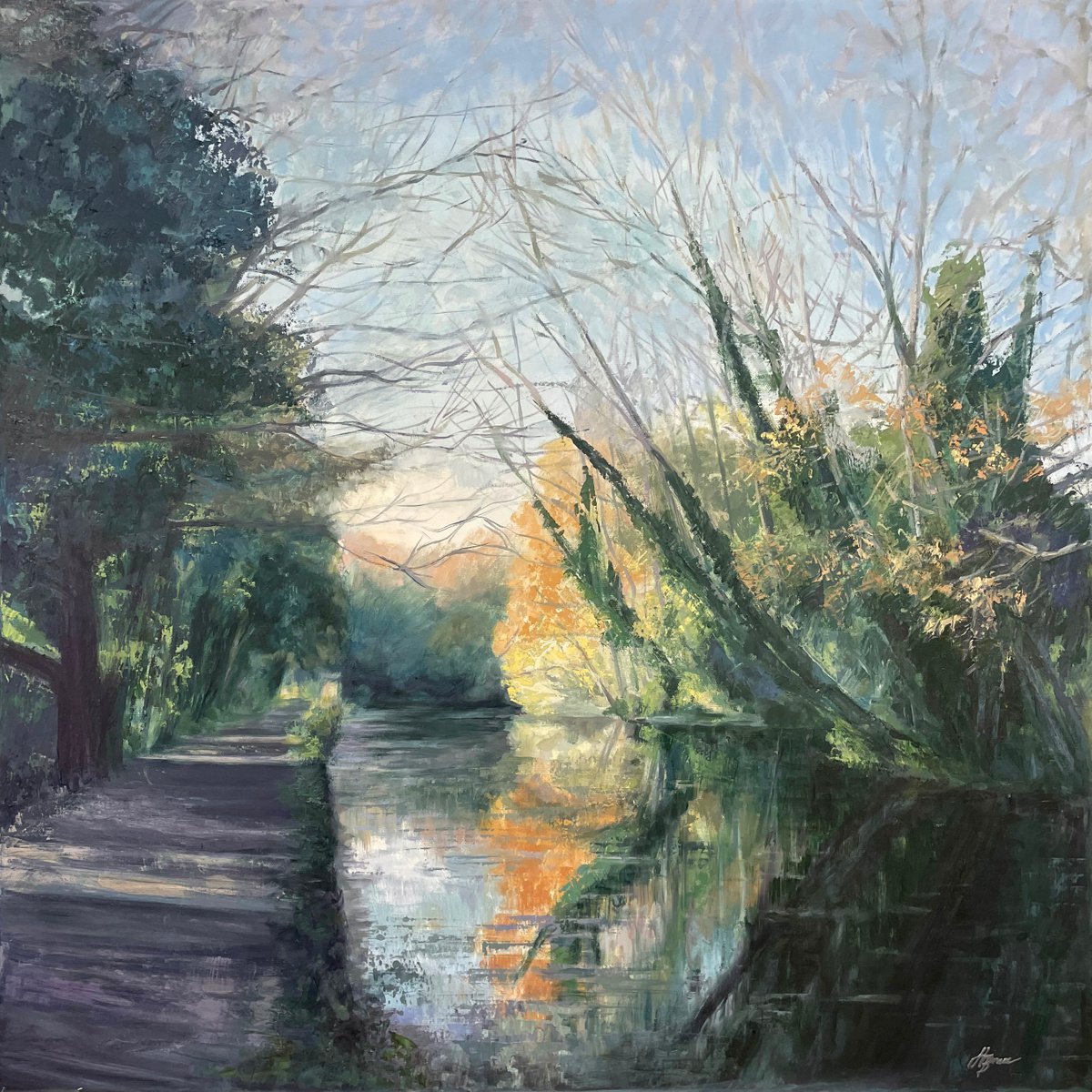 Impressionistic Landscape Oil Painting By Hannah Bruce, 24 X 24, Flash Of Sun Basingstoke Canal Woking, Original Artwork