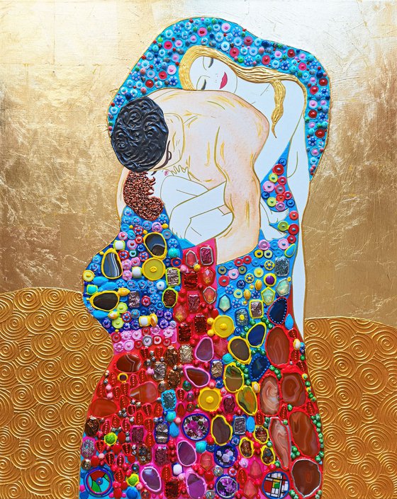 Set of 2 LARGE paintings 160x100 cm / 40x63 inches Gustav Klimt Mother and Child & Family GEMSTONES and mosaic wall art