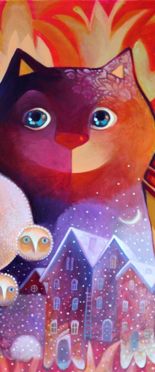 Cat and Snowy Owls by Oxana Zaika
