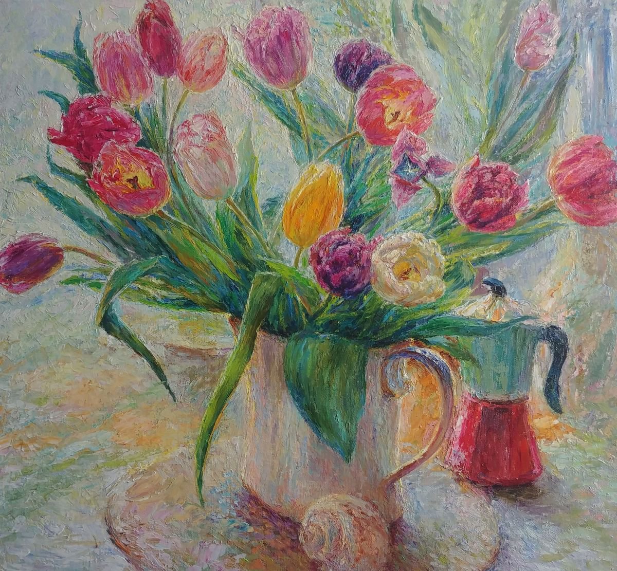Impressionistic Still Life Oil Painting By Svetlana Koval (Gunchenko), 26 X 24", Bouquet Of Spring Tulips, Original Artwork