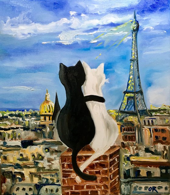 Cats in Paris. Parisian roofs , romantic evening.