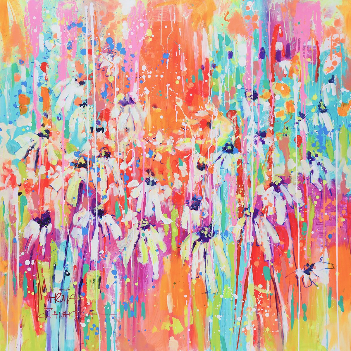 Impressionistic Landscape Acrylic Painting By Marta Zawadzka, 47 X 47", Daisies, Original Artwork