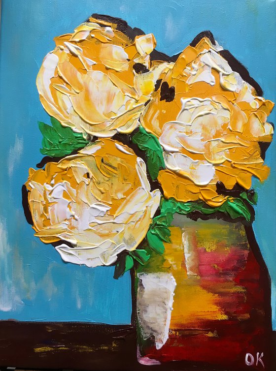 ABSTRACT BOUQUET OF Yellow Roses  #17 ( NAIVE COLLECTION)  palette   knife Original Acrylic painting office home decor gift