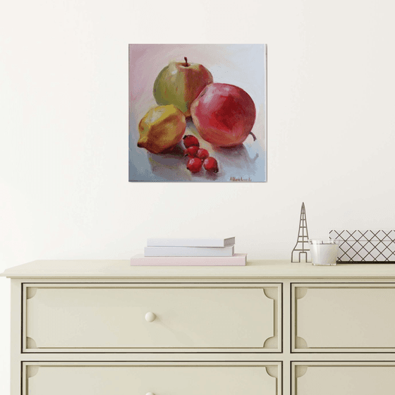 Apples Lemon And Dog Rose Fruit ( Original oil painting ready to hung canvas gallery wrapped. Gift idea, home decoration idea. Red fruits rose hips and citrus on the light background)