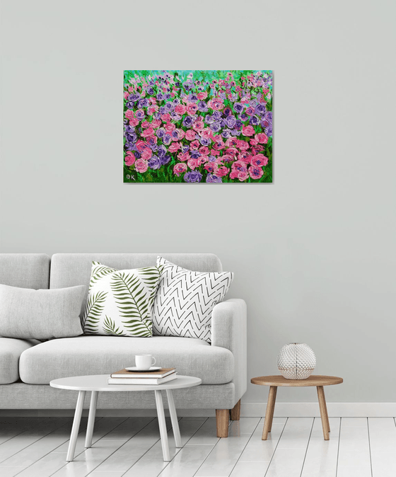 FIELD OF Happyness PURPLE PINK WHITE  ROSES  palette knife modern decor MEADOW OF FlOWERS, LANDSCAPE,  office home decor gift