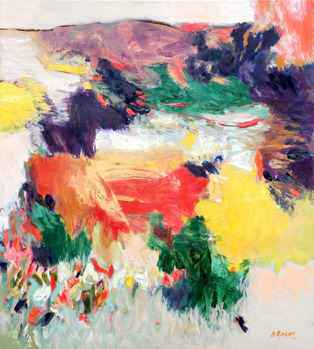 Abstract Oil Painting By Simona Gocan, 36 X 40", Coral Hills, Original Artwork