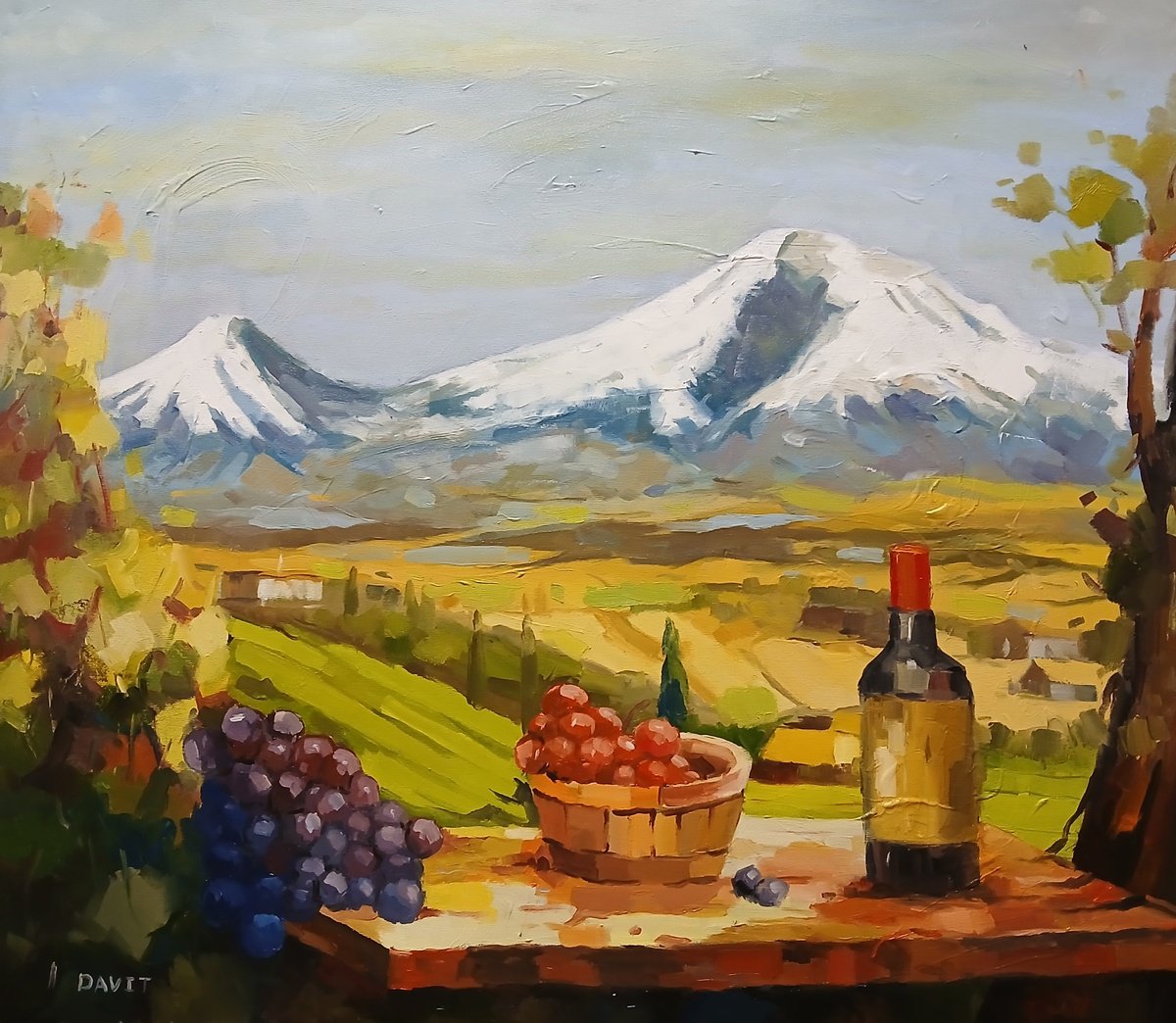 Impressionistic Landscape Acrylic Painting By Davit Arstamyan, 31 X 28, Armenian Vineyard, Original Artwork