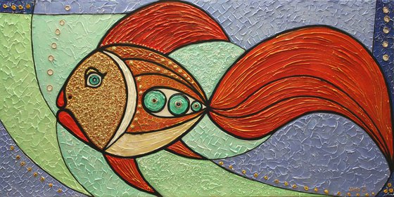 Modern Textured Fish Painting, Large Abstract Gold Fish Painting 24" x 48"
