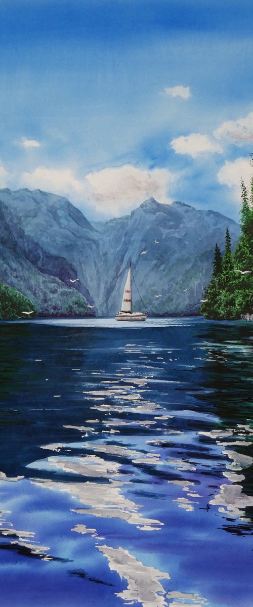 Sailboat in the bay by Eugene Gorbachenko