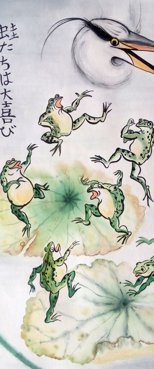 AN INTERRUPTED PARTY six frogs by Olga Beliaeva Watercolour