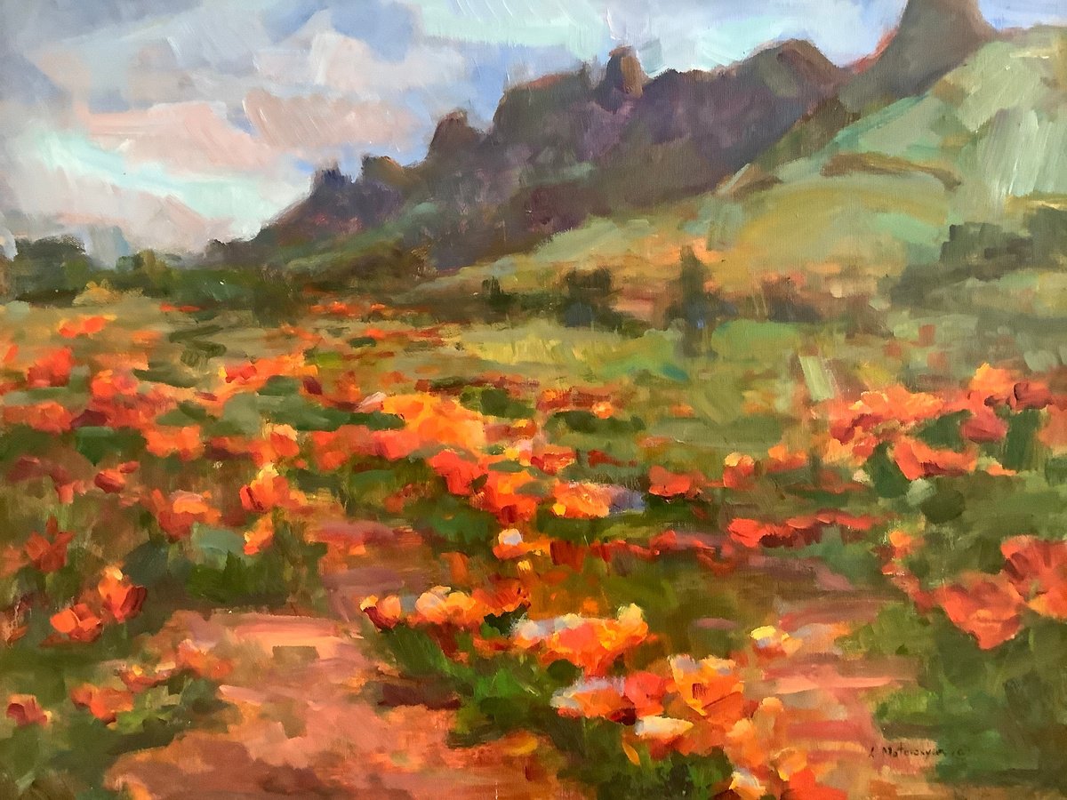 Impressionistic Landscape Oil Painting By Lia Matevosyan Haselton, 28 X 22", Desert In Spring, Original Artwork