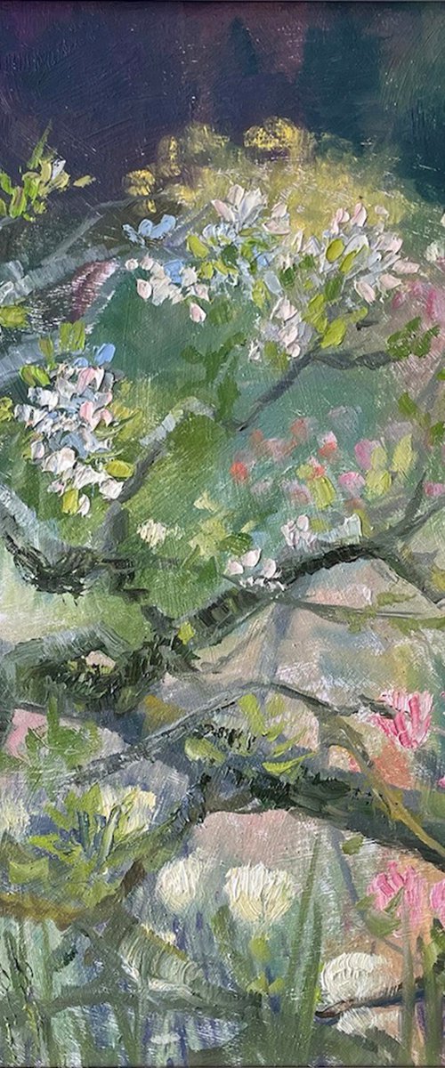 Moss covered trailing Apple Blossom and Tulips by Hannah  Bruce