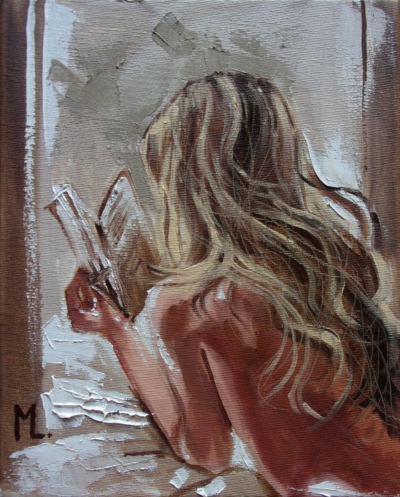 " READING IN WINDOW " book lover original painting ROOM  palette knife GIFT brown